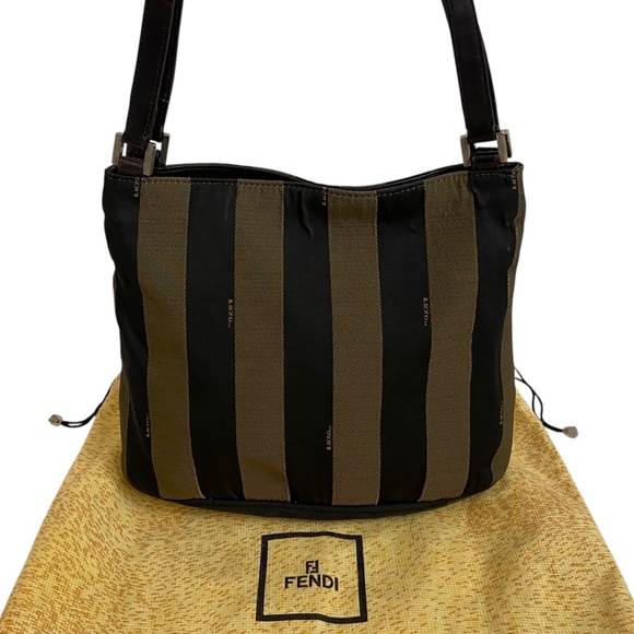 Vintage Fendi Pequin Stripe Shoulder Bag w/ COA - Brown and Black Authentic Y2K - Picture 1 of 16